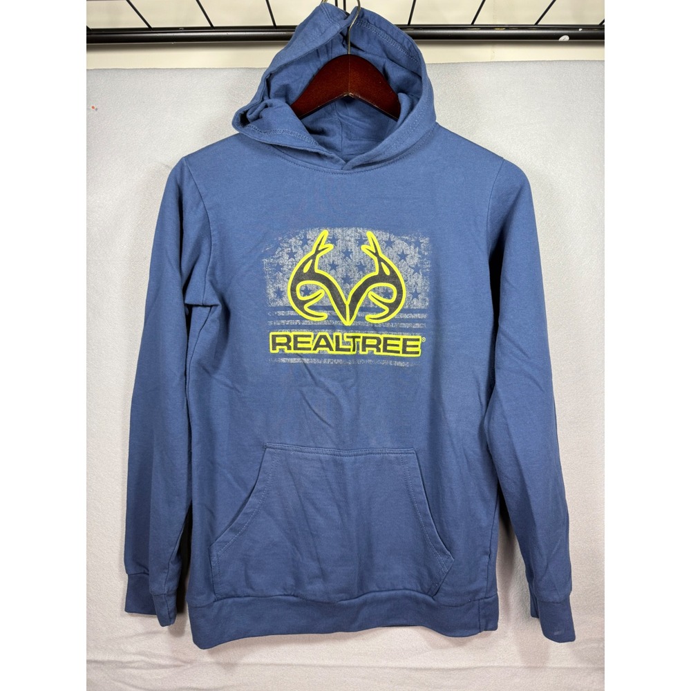 Realtree Boys XL 16/18 Blue Hoodie Neon Yellow Logo Flag Graphic Sweatshirt